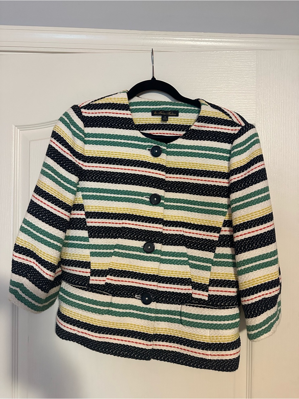 Brooks Brothers Striped Cropped Blazer in Navy, Green & Yellow